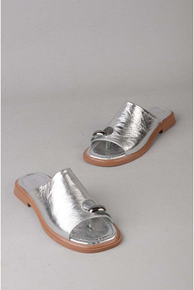 Seç 4099 Genuine Leather Women's Flip Flops (Heel Height:2Cm) Silver