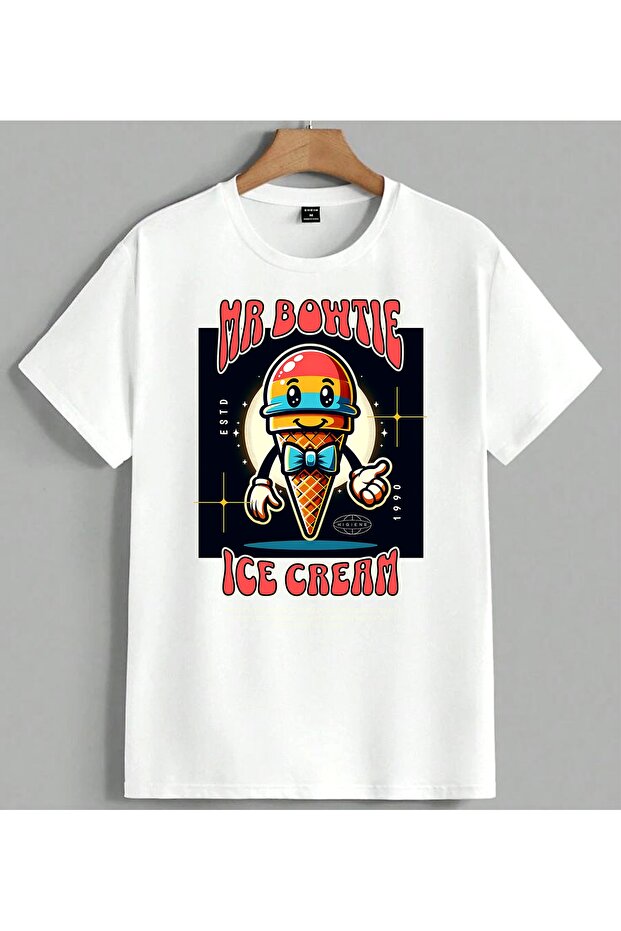 Mr Bohtie Ice Cream Character Printed Unisex Oversize T-Shirt White