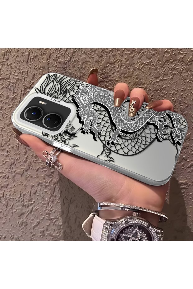 Vivo Y02S Compatible High Quality Chinese Style Black and White Dragon Printed Case