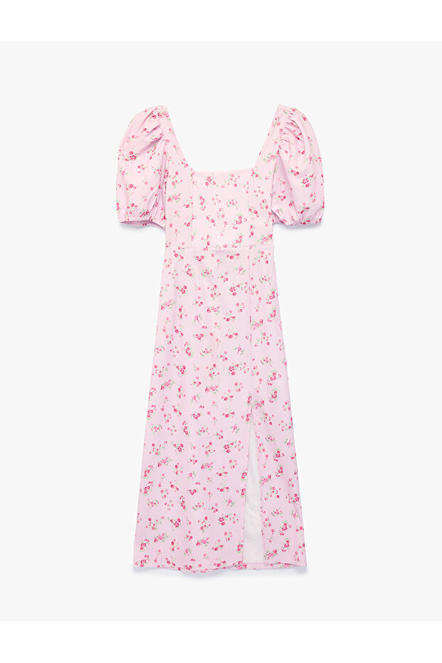Short Balloon Sleeves Square Neck Ruffled Back Lace-Up Floral Midi Dress