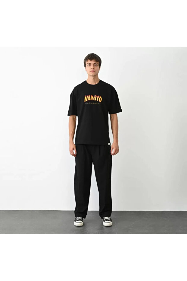 Unisex Crew Neck Printed Oversize T-Shirt - Black