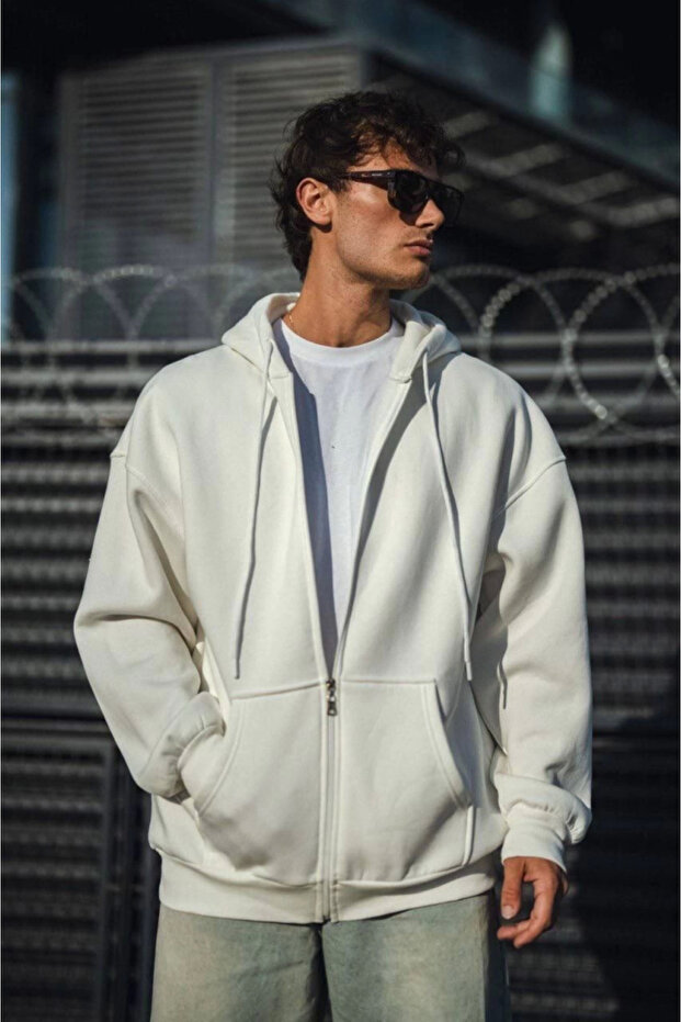 Oversize Full Zip Long Sleeve Cardigan - White