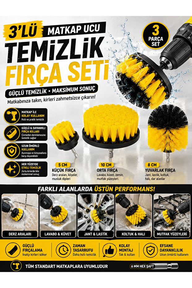3-Piece Drill Bit Cleaning Brush Set - Cleaning Bit for Bathroom, Grout, Sofa, Carpet and Car Wheel