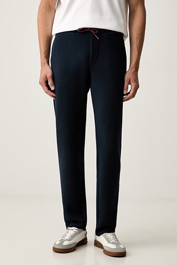 Men's Regular Cut Metallic Logo Detailed Straight Leg Navy Blue Sweatpants