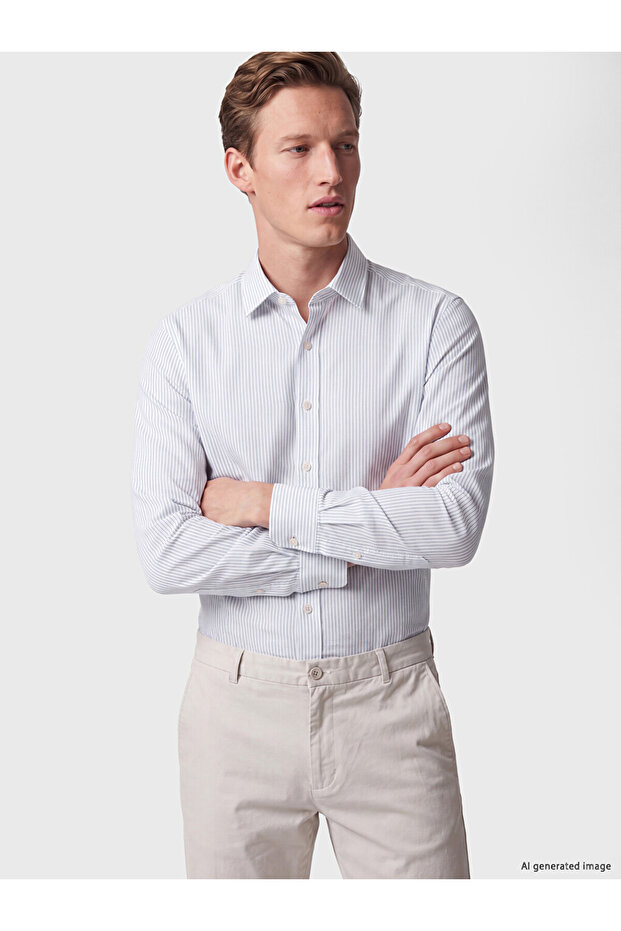 Ozmarka New Season Blue Regular Fit Striped 100% Linen Men's Shirt