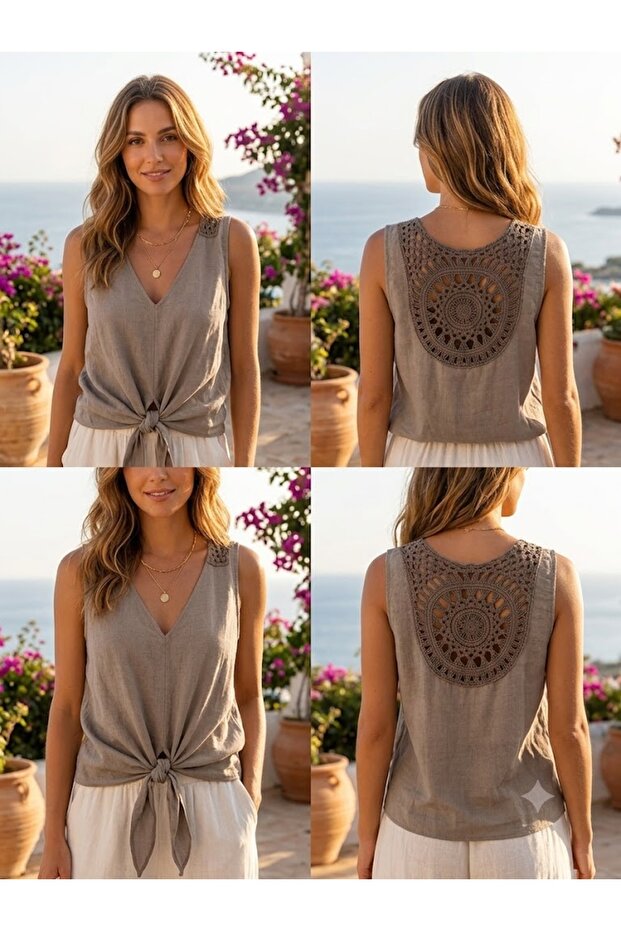 Women's Italian Sun Lace Tied Zero Sleeve Blouse