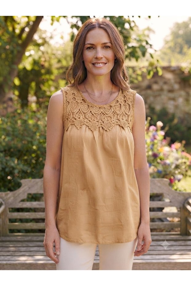 Women's Italian Lace Collar Zero Sleeve 100% Cotton Blouse