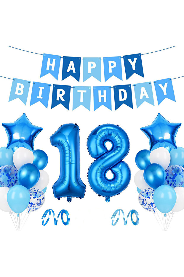 Blue Number 18 Birthday Party Balloon & Banner Set.