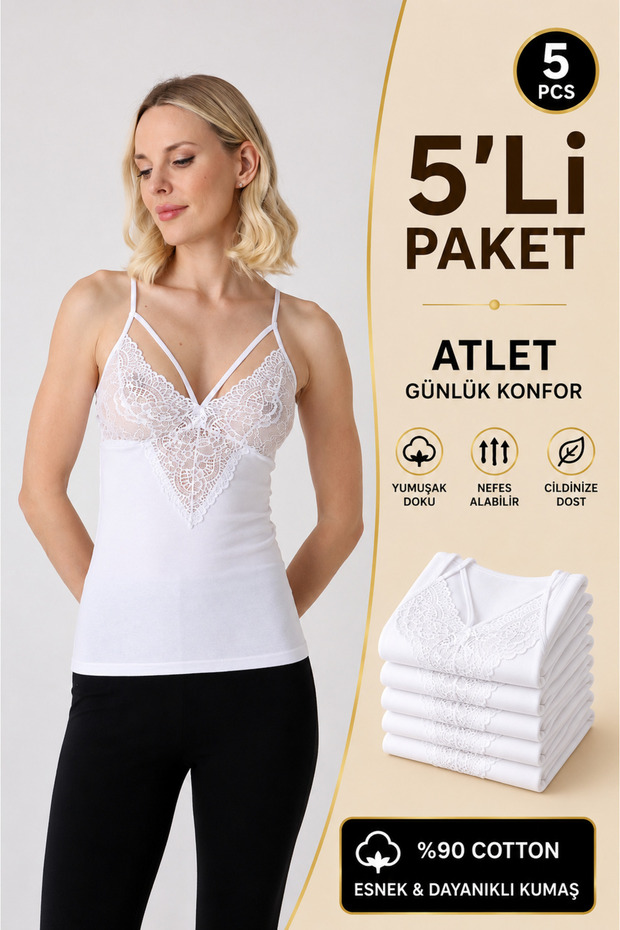Women's 5-Pack Lace Detailed String Strap Tank Top - 90% Cotton