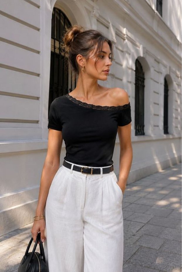 Women's Black Lace Detailed Boat Neck Ribbed Short Sleeve Slim Blouse