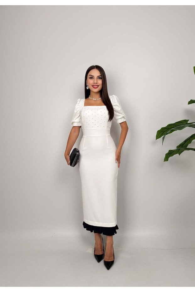 Women's White - White Pearl Detailed Square Neck Balloon Sleeve Pencil Cut Maxi Dress