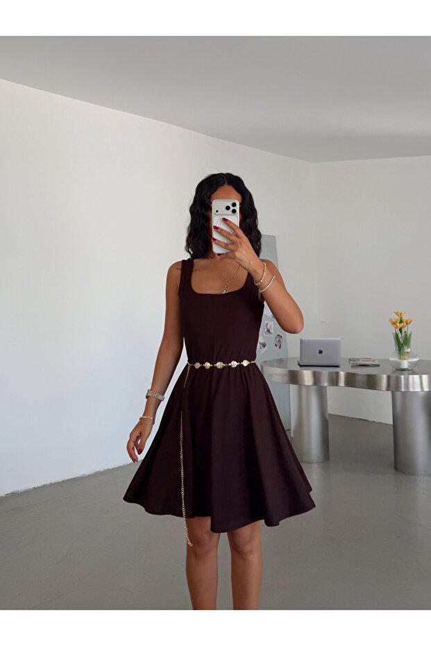 Thick Strap Flared Dress - Brown