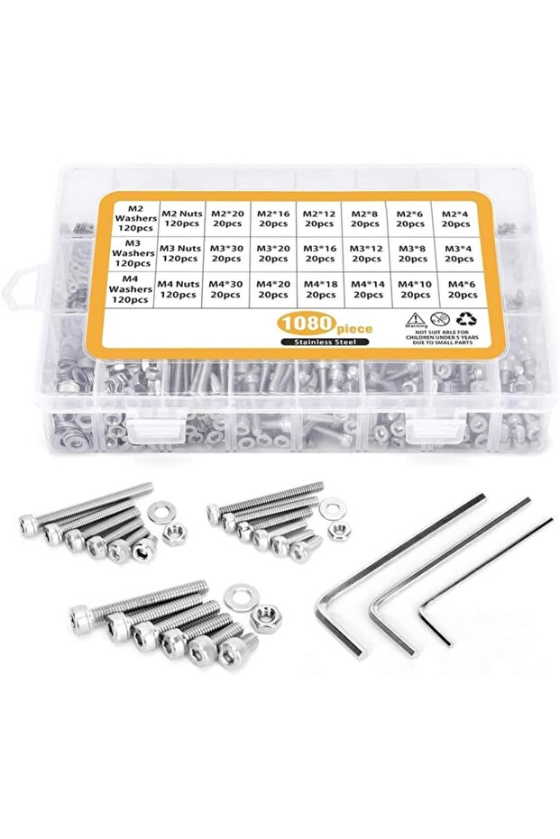 1080-Piece Set Socket Head Cap Screws Bolts Nuts Washers Small Metric Screw Cup Head Cylindrical Head Silver