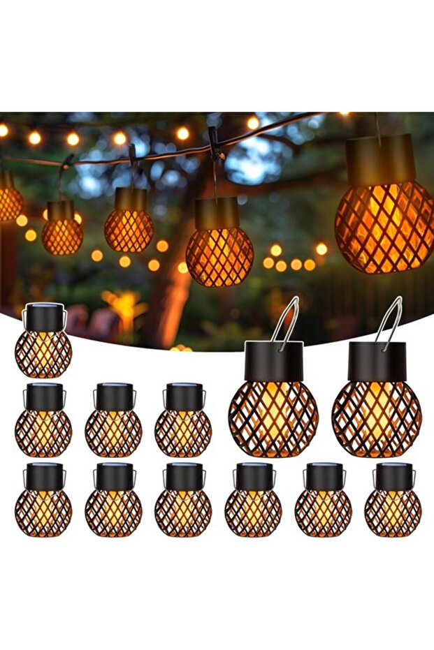 Hanging Solar Outdoor Lights - Flame Effect - Black - 12-Piece Set
