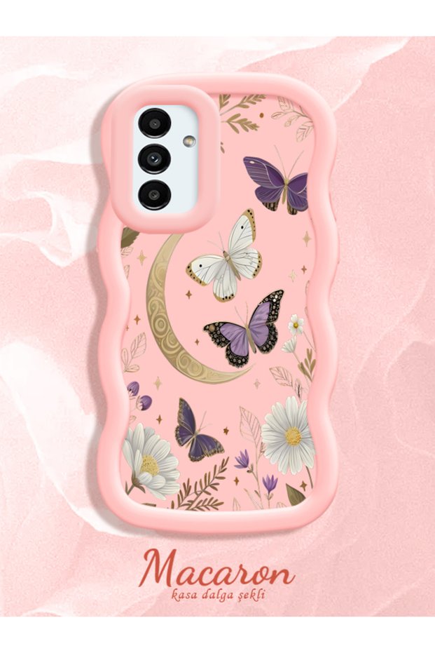 Samsung Galaxy A04S Compatible Wavy Frame Moon Butterfly and Flower Patterned Silicone Phone Case