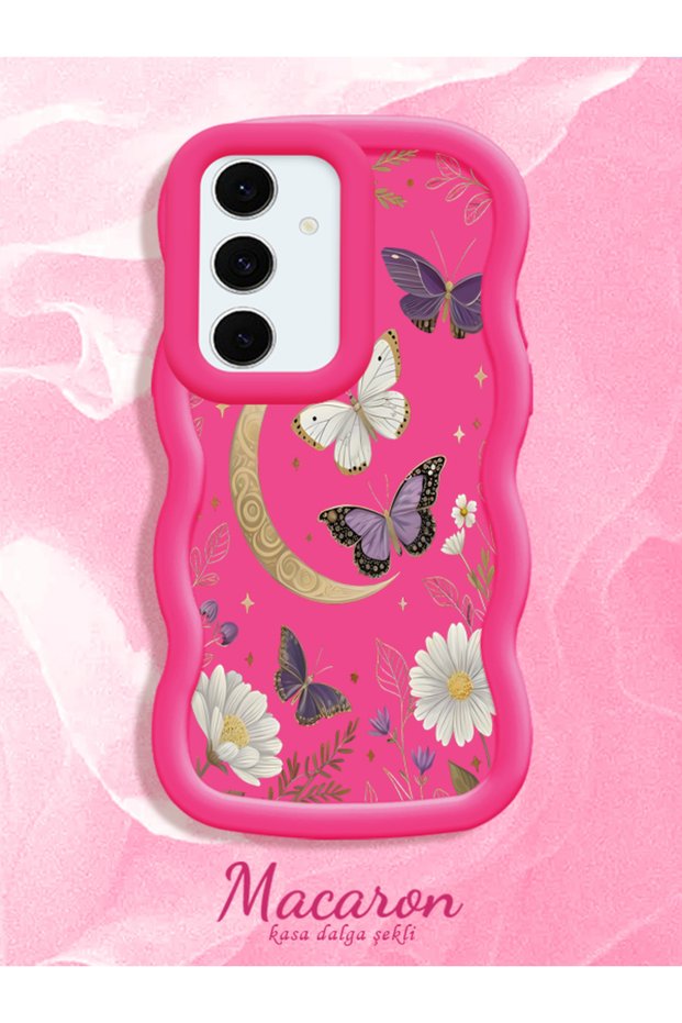 Samsung Galaxy S24 Fe Compatible Wavy Frame Moon Butterfly and Flower Pattern Silicone Phone Case