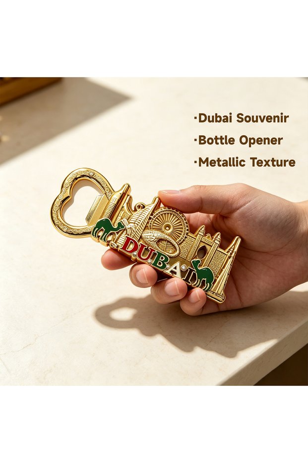 Dubai Travel Souvenir Metal Bottle Opener & Fridge Decor, Classic UAE Landmark Architectural Design with Colorful Enamel Elements, Multi-functional Home Kitchen Accessory, Ideal Travel Keepsake Gift.