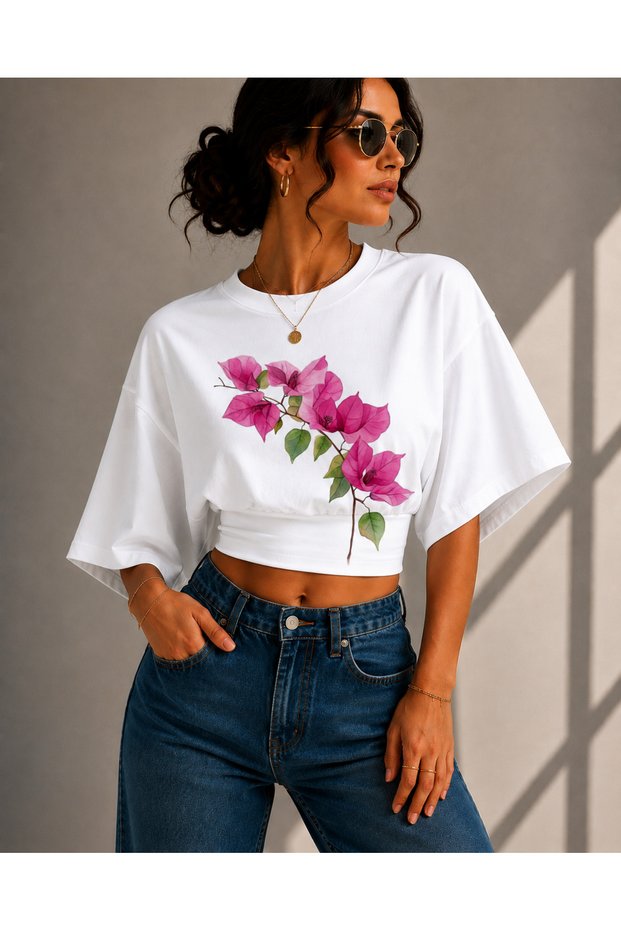 Women's Pink Floral Printed Lycra Bat Sleeve Body Tee Crop T-Shirt