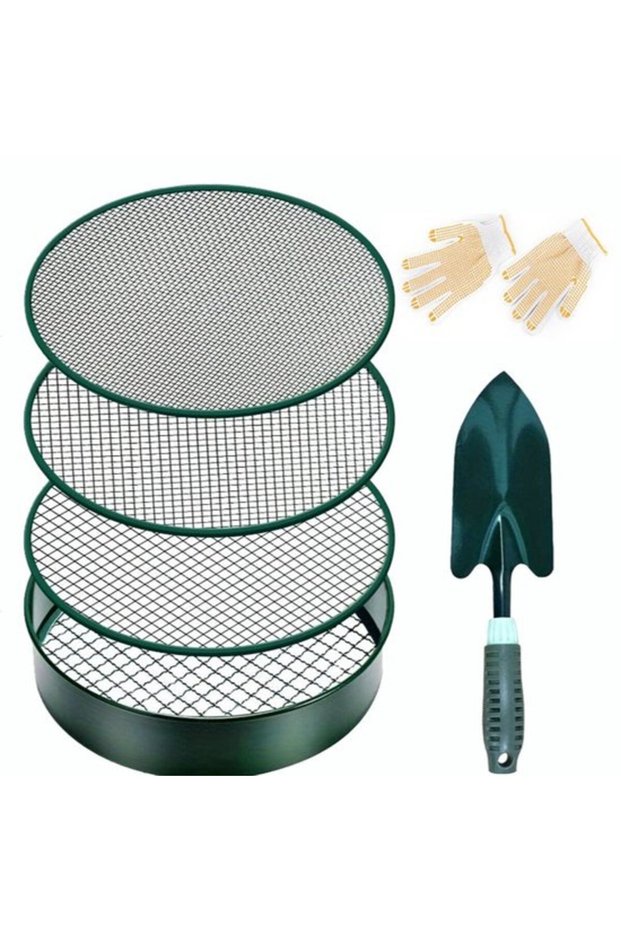 4-in-1 Garden Sieve Set 30cm Round Metal Soil Sand Shovel Gloves