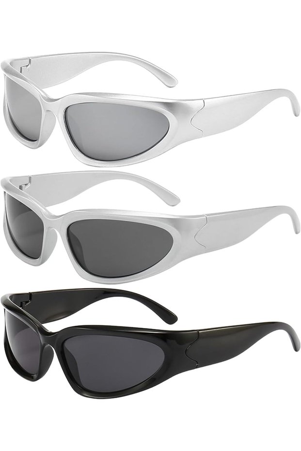 Three pairs of oval sports sunglasses, cycling glasses, windproof and UV-protective, black and silver, modern style.
