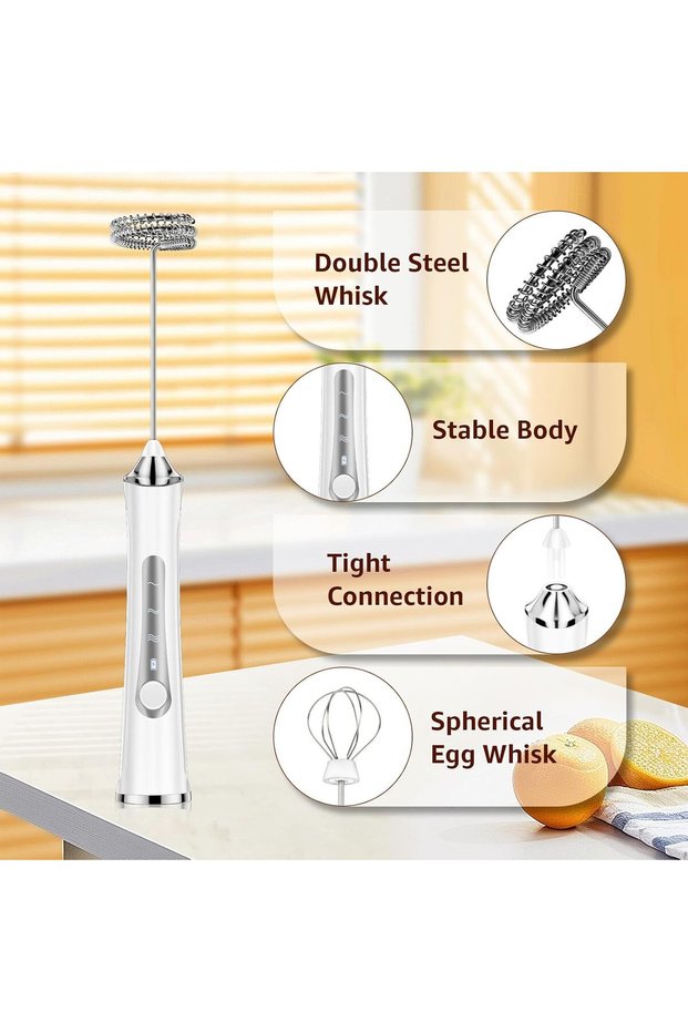 USB-C Recharge milk frother - 3 speed settings - electric mixer w/3 SS stir heads - For coffee/latte/cappuccino/cream/cocktail (white)