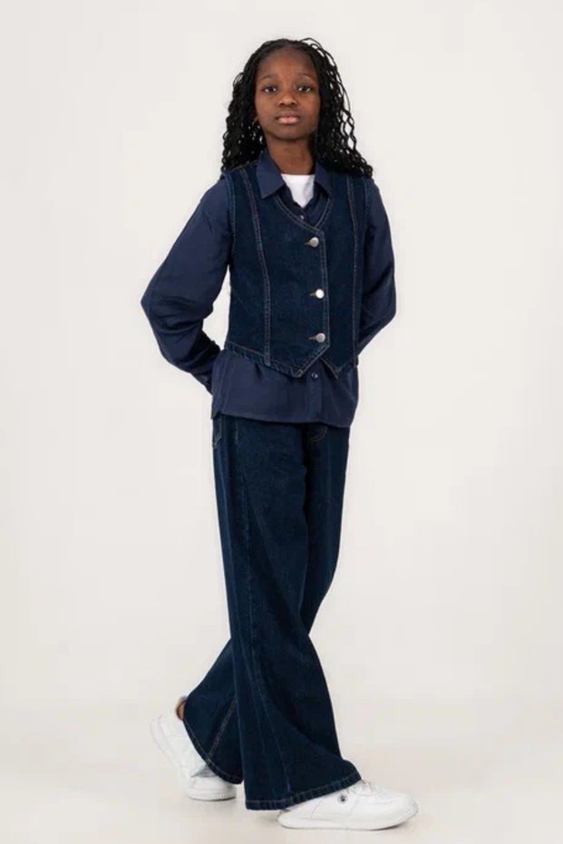 Girl's Casual Denim Vest, Jean Shirt, Pants 3-Piece Combination Set 1806