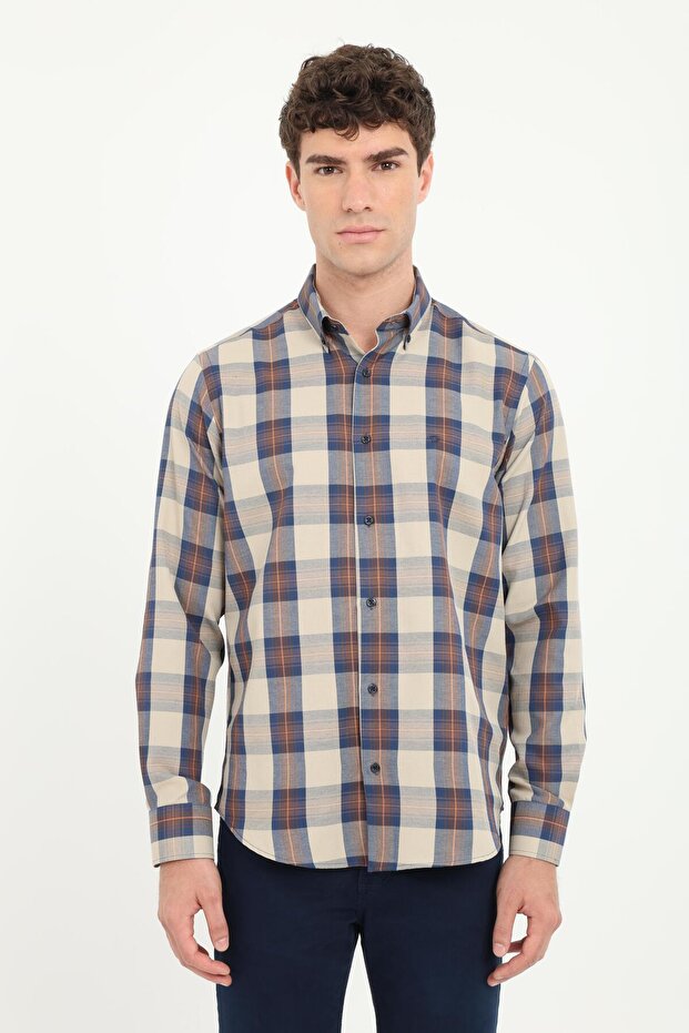 Men's Regular Fit Button-Down Collar Long Sleeve Beige Plaid Shirt