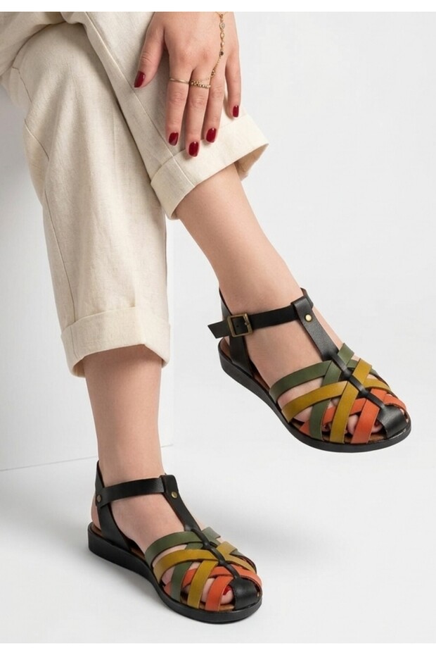 Woji Black Genuine Leather Belted Sandals
