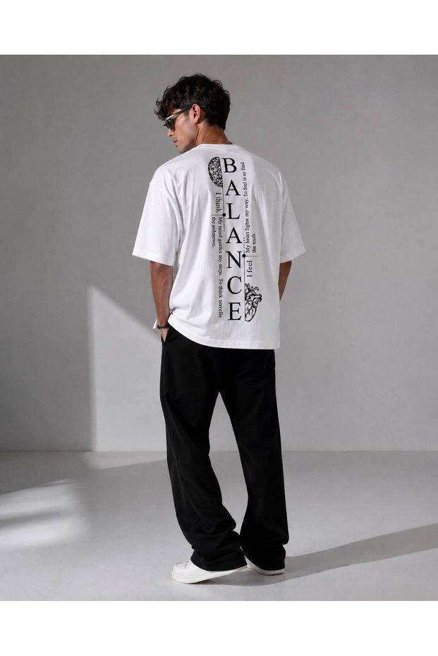 White Crew Neck Oversize Fit Cotton Balance Back Print Detailed Relaxed Cut Unisex T-Shirt