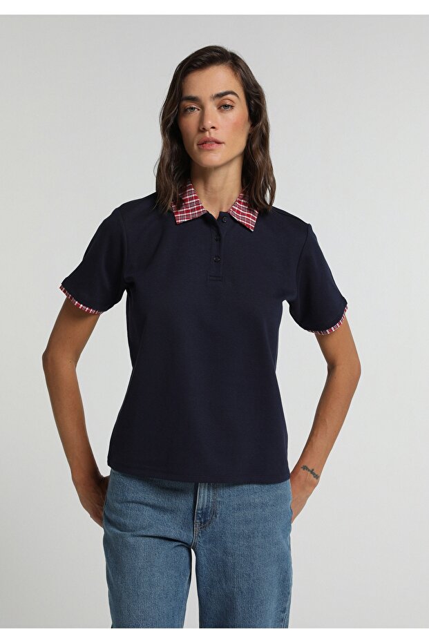Regular Fit Shirt Neck Plain Women's Navy Blue Short Sleeve T-Shirt