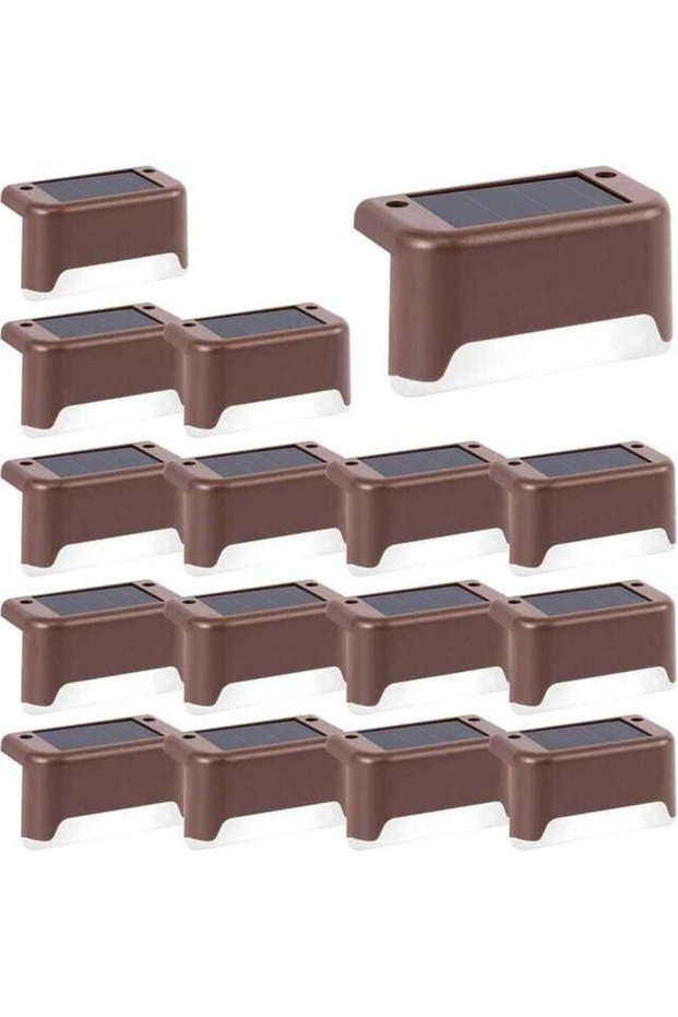 A set of 16 waterproof solar lights, suitable for fences, stairs, patios, and walkways (brown and white light).