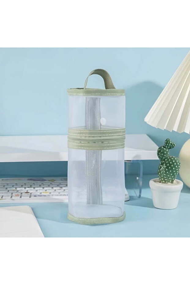 Pencil Case, Transparent Mesh, Cylindrical Vertical Design for Pencils, Markers, Art Supplies, Green