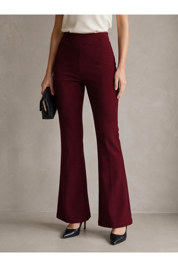 Women's Burgundy High Waist Spanish Flare Scuba Crepe Gathering Stretchy Pants (Promotional Price)