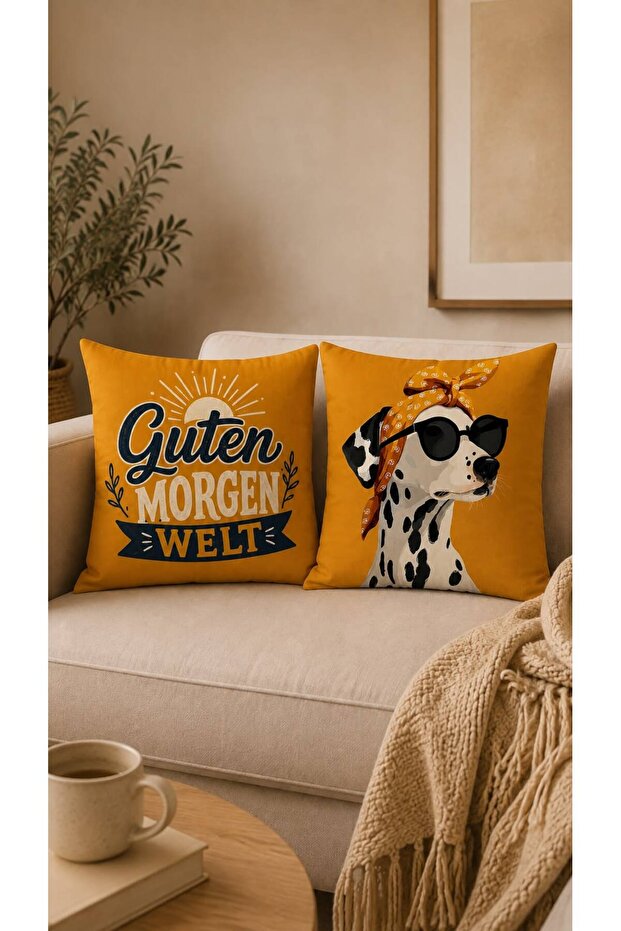 Set of 2 Guten Morgen Welt & Stylish Dalmatian Patterned Digital Printed Decorative Throw Pillow Covers