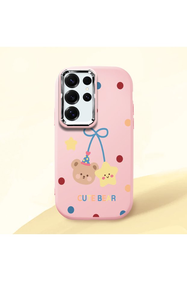 Samsung Galaxy S25 Ultra Compatible Case Camera Protector Pink Silicone Couple Phone Case with Bear Pattern