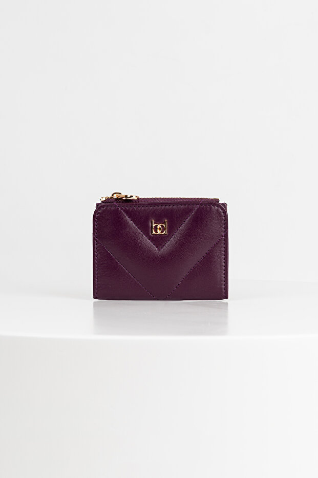 Womesy Genuine Leather Stitched Card Holder Purple