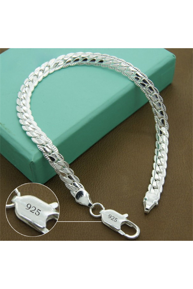 20cm WHITE 925 Sterling Silver Bracelet 18/19/20cm Flat Side Chain Lobster Clasp Bracelet For Woman