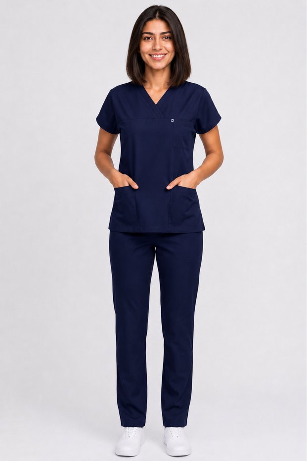 Women's V-Neck Bat Sleeve Beige, Cobalt Blue, Burgundy, Navy Blue, Black Lycra Belinda Fabric Scrubs Set