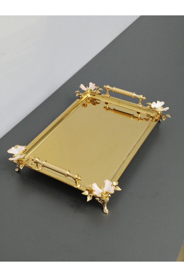Figured, Metal-Handled, Stainless Steel Rectangular Tray Luxury Presentation Tray North Gold