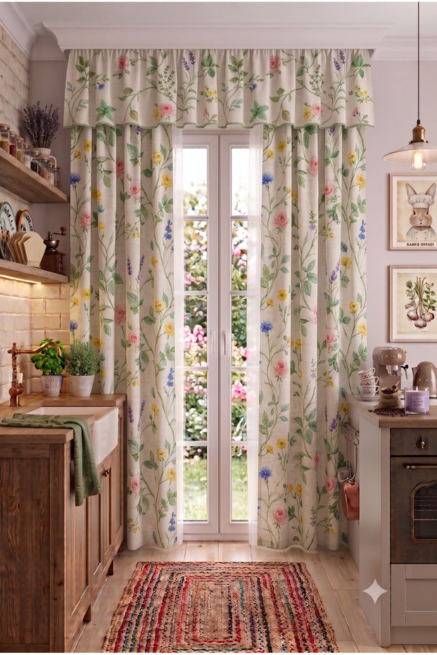 Kitchen & Balcony Curtain Colored 2-Wing Cornice Short Background Curtain Modern
