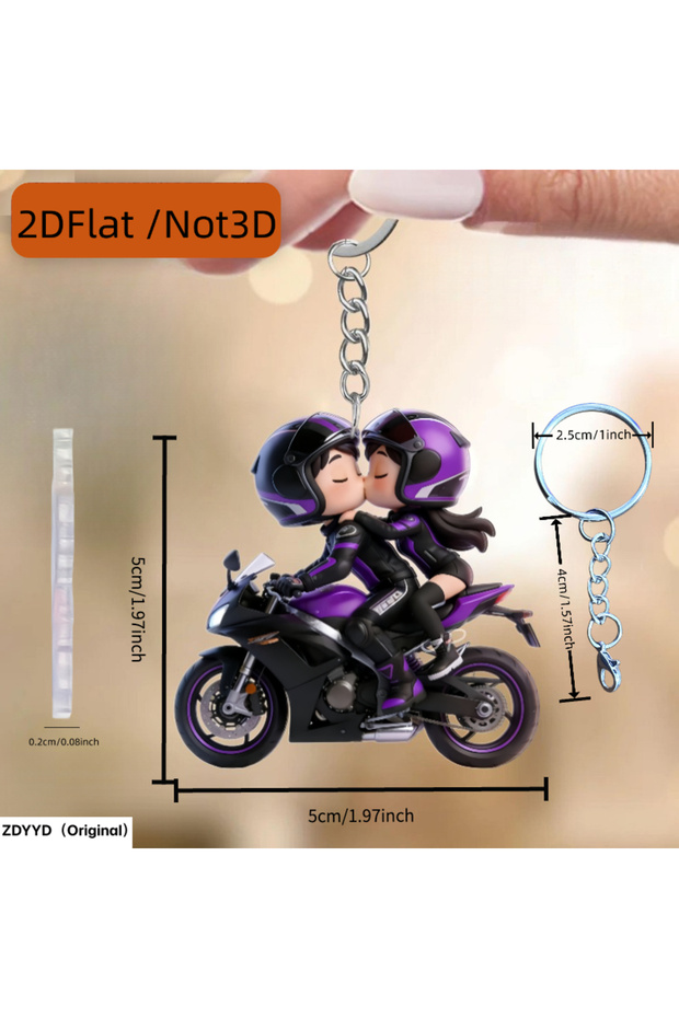 1pc 2D Flat Mini Motorcycle Rider with Passenger Keychain, Cute Couple Acrylic Pendant for Car Keys