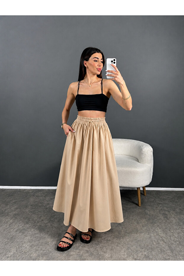Beige Elastic Waist Poplin Skirt - E1012