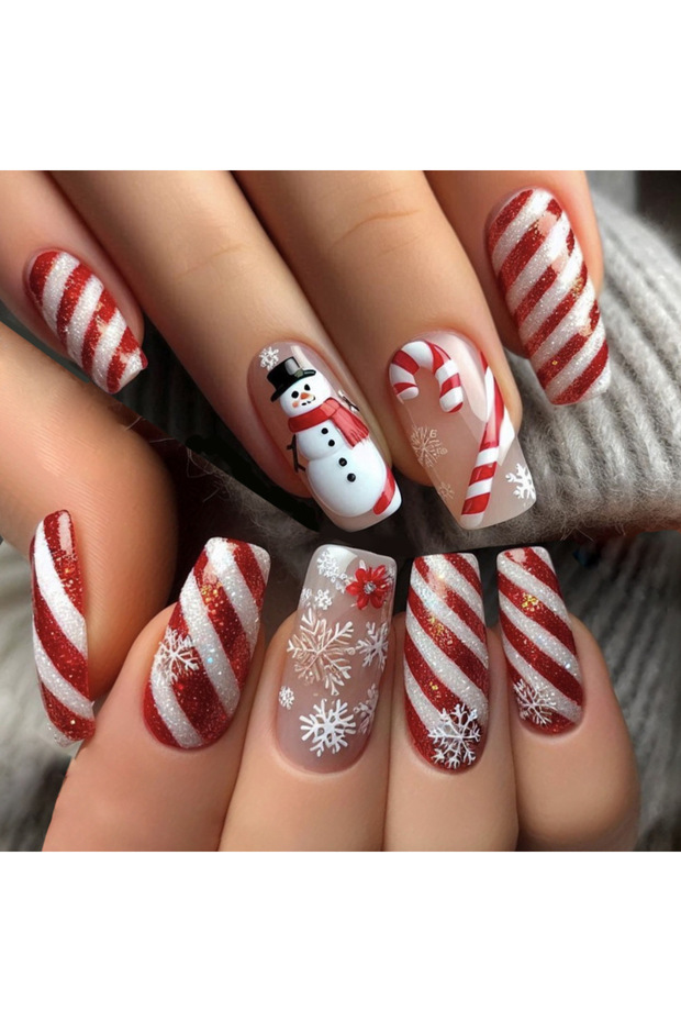 2979 Medium long fake nails for Christmas party Cute snowman Santa Claus gift snowflake square almon
