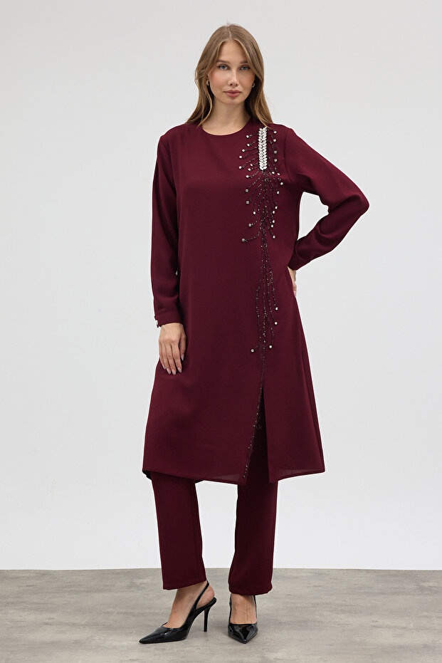 Stone Embellished Plus Size Suit - Burgundy