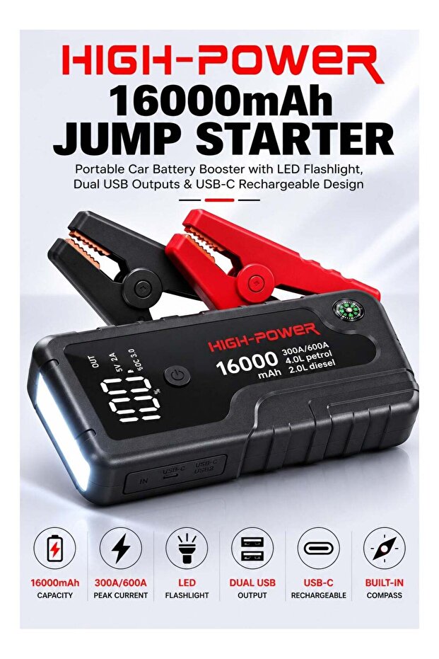 16000mAh Jump Starter Power Bank with 300A/600A Peak Current, 12V Car Battery Booster, Dual USB Output, USB-C Rechargeable, LED Flashlight, Smart Jump Starter Clamp & Portable Emergency Sta