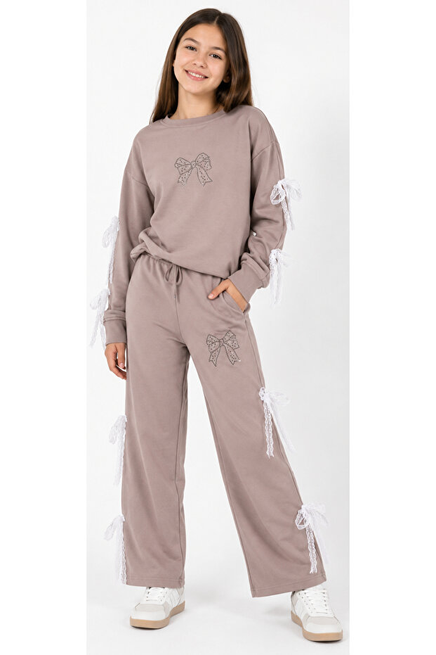 Girl's Stoned Bow Detailed Wide-Leg Model Two-Thread Light Brown Color Tracksuit Set