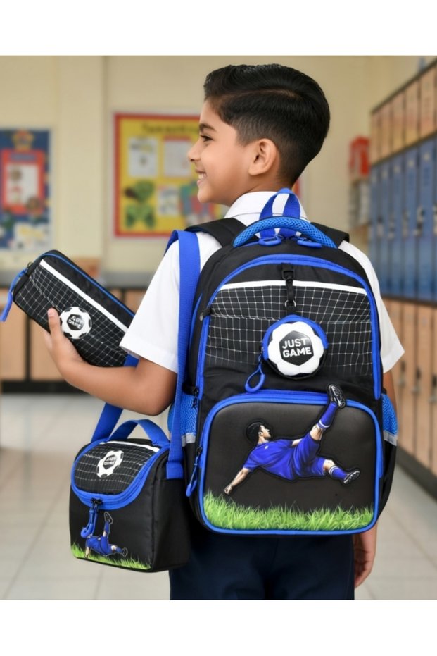 A+ Premium Quality Men's Black Football Player Primary School Orthopedic 3-Piece Set with Pen Holder, Foil-Lined Lunch Bag, 3 Compartments 489