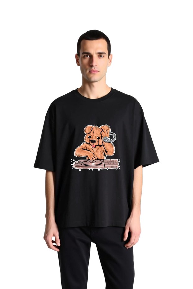 Dj Dog Headphones Music Printed Men's Oversize T-Shirt