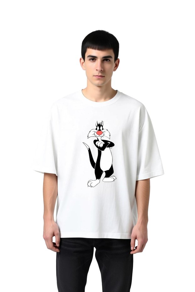 Men's Oversize T-Shirt with Sleeves Folded and Cat Print, Relaxed Fit, 100% Cotton, Casual, Modern, Stylish