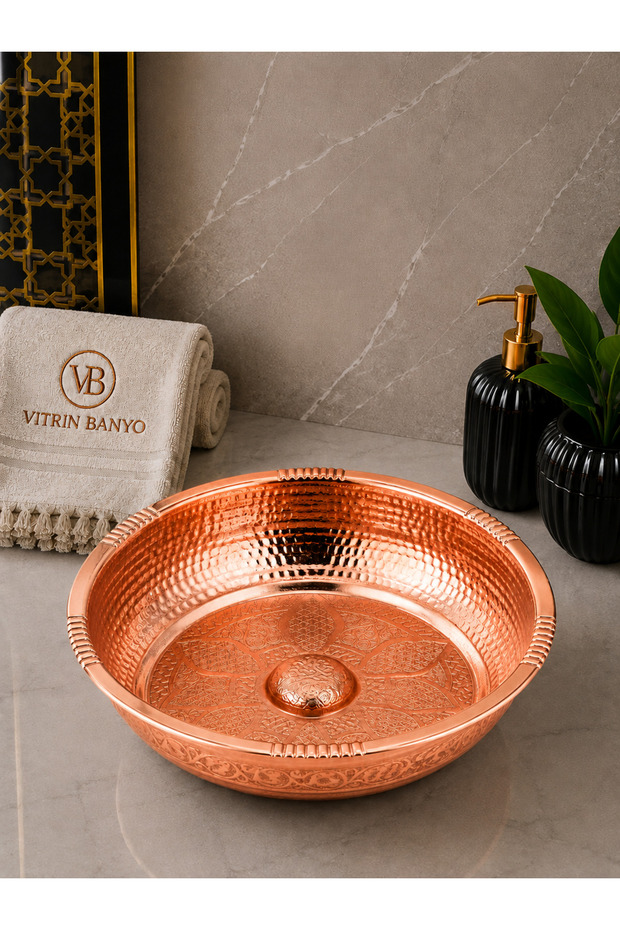 Copper Embossed Patterned Ottoman Bath Bowl 20 cm Kurna Bowl Decorative Bathroom Accessory